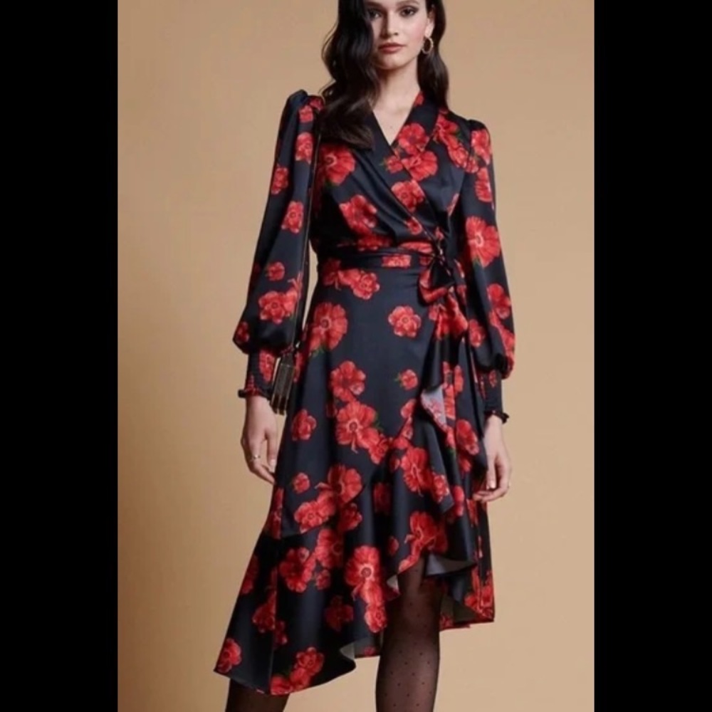 Rachel Parcell Wrap Dress Black with Red Poppies Size Large